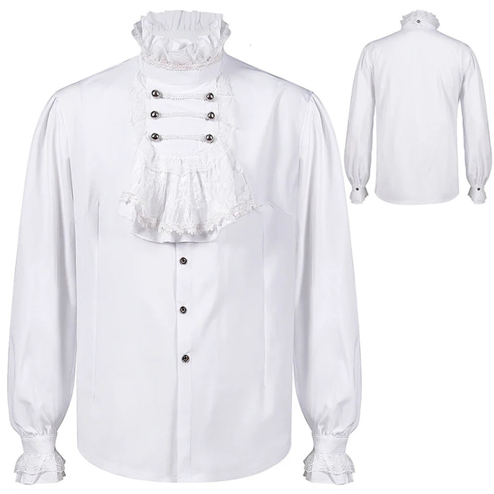 2024 Mens Gothic White Shirt and Top Retro Victorian Medieval Lace Ruffle Collar Puff Sleeve Clothing 250427