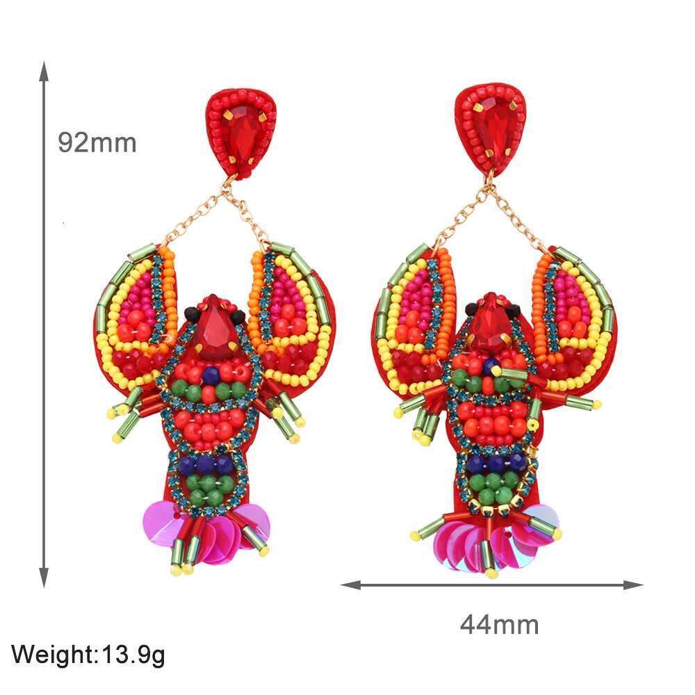 FLOLA Multicolor Lobster Raffia Beads Big Drop For Women Red Crystal Handmade Beaded Earrings Bohemian Jewelry Ersv63