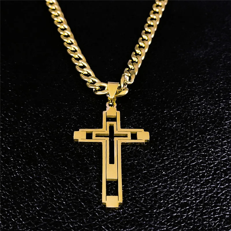 Hip Hop Cross Stainless Steel Chain Necklaces Gold Color Long Pendant Necklace for Women/Men Jewelry collier homme N6055S05 250428