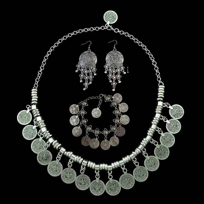Afghan Vintage Sier Color Metal Coin Tassel Statement Collar Necklaces Bracelets Earrings Sets For Women Boho Tribal Party