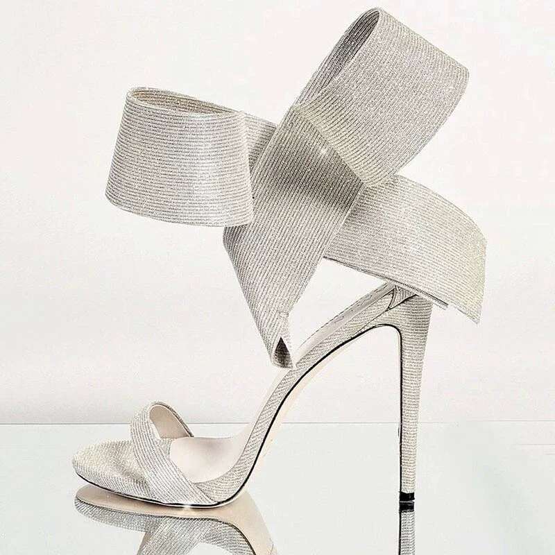 Summer new satin sequins oversized bow with sexy sandals stin high-heeled banquet dress customized large size women's shoes