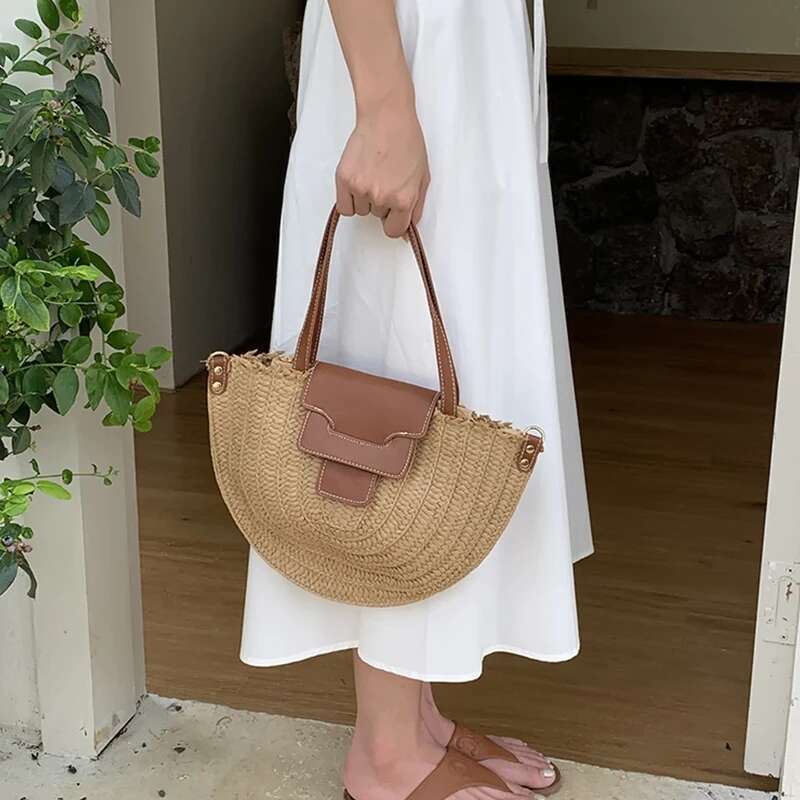 Round Straw Tote Women Fashion Woven Retro Hobo Boho Style Casual Shoulder Bags Summer Beach Bag Sac A Main Bag