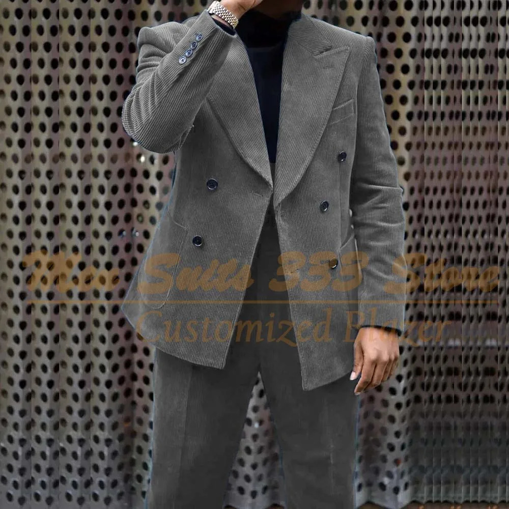 y Corduroy Mens Set 2piece Jacket Formal Double Chest Flat Top Collar Elegant Ball Party Full Wear 250428