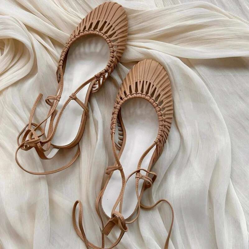 Fashion Round Toe Lace up High Heels Hollow Casual Roman Fisherman Shoes Ankle Strap Women Flats
