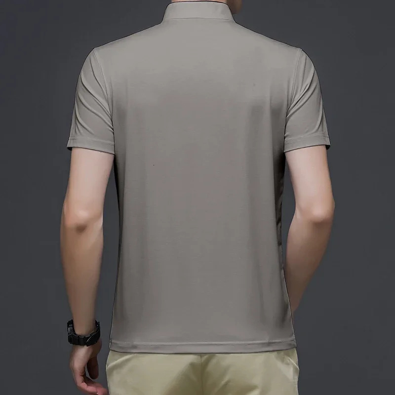 mens casual fashion solid color short sleeved polo shirt stand up collar version comfortable top 250428