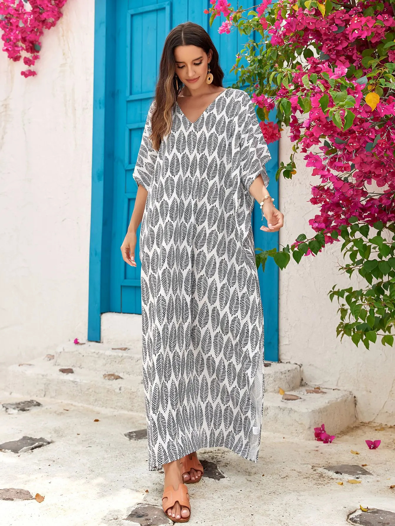 Plus Size Long Caftan for Women Beach Cover Up Casual Kaftan Maxi Gown Dress Loungewear House Dresses for Summer 250425