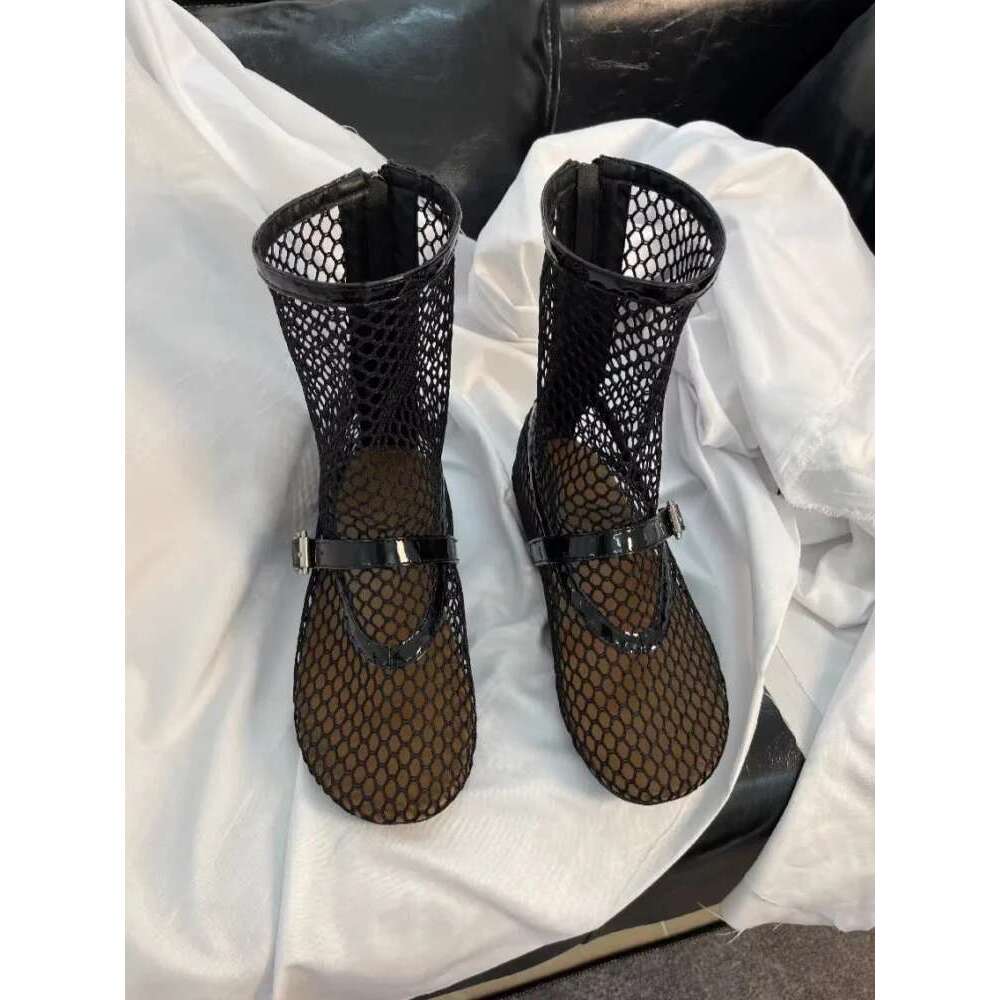 Breathable Hollow Sandals Women's Round Toe Zip Back Boots New Fashion Designer Flat Mesh Casual Shoes Women