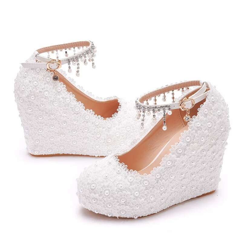 Spring pearl rhinestone lace waterproof platform wedding slope heel high-heeled large size banquet dress women's shoes