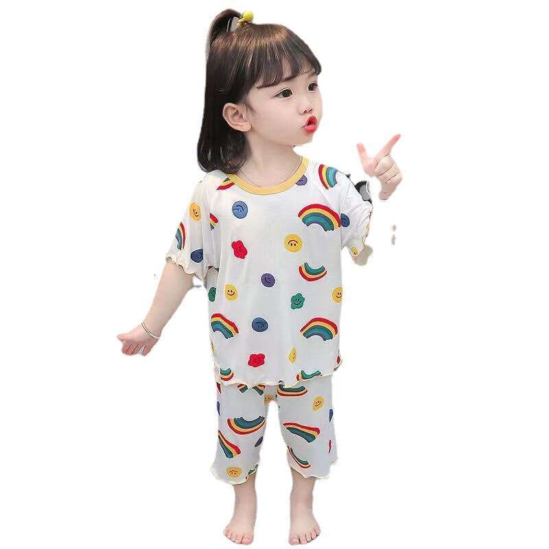Ice Silk Soft Children's Pajamas Thin Style Baby Girl Western Korean Version Short Sleeved Home Girls Summer Air-Conditioned Clothes