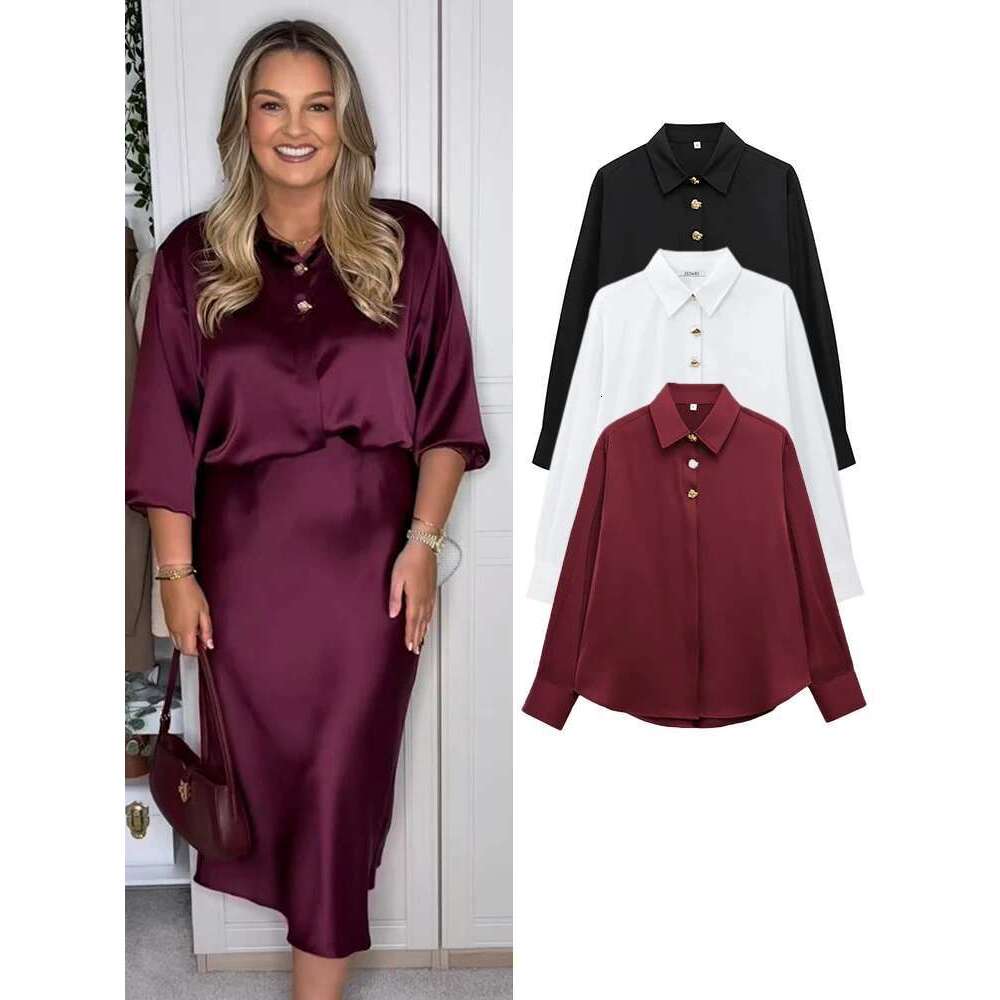 2025 New Women Fashion Golden Button Blouses Spring Summer Office Ladies Long Sleeve Oversized Shirts Thin Soft Casual Tops