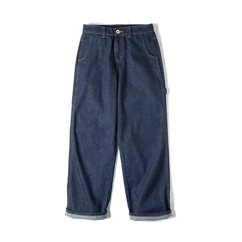 Maden Women's Dark Blue Denim Jeans Vintage Straight-leg Wide-leg Loose Fit Casual Pants Elastic Waist Cuffed Oversize Trousers
