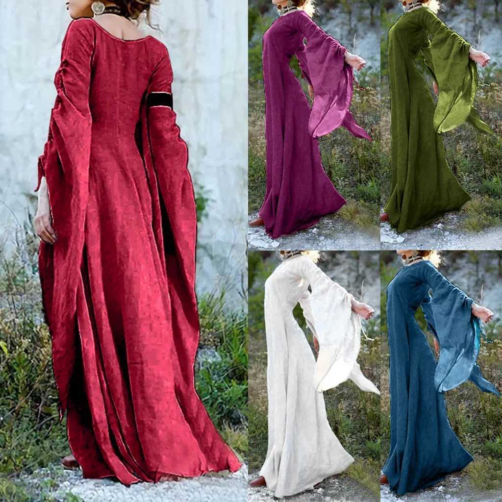 Retro long sleeved long skirt retro Gothic Victorian style medieval solid color cotton linen Halloween costume W250430