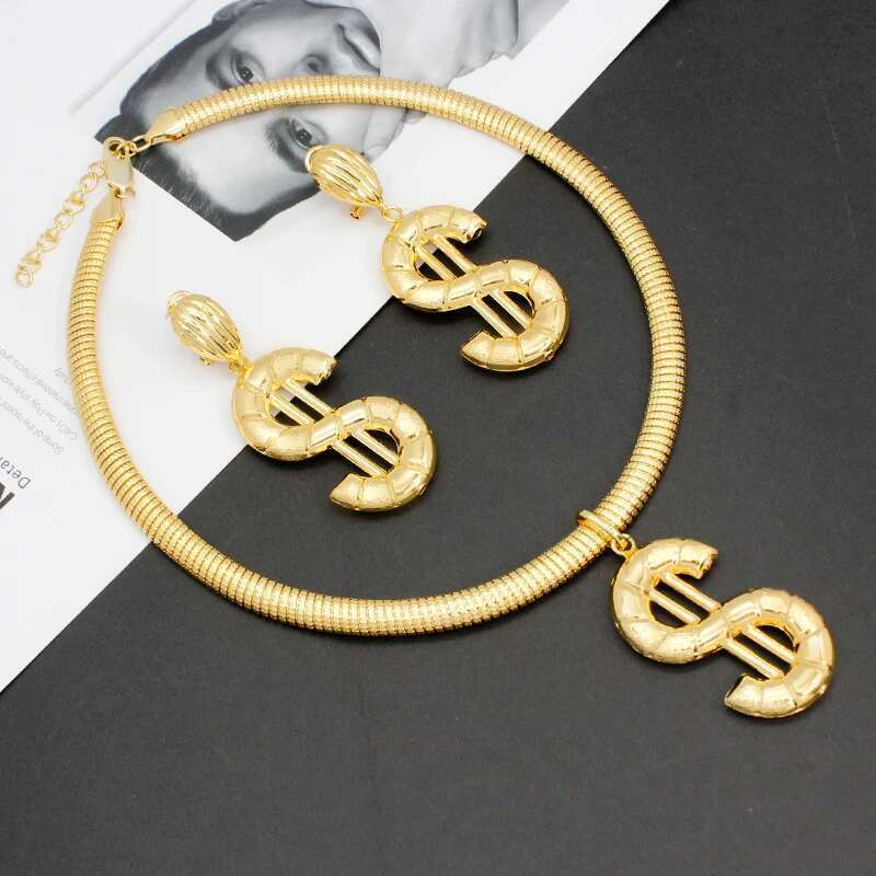 Earrings And Pendant Set For Wome Necklace Dollar Jewelry Sets Copper Gold Plated Statement Hip Hop Jewellery Party