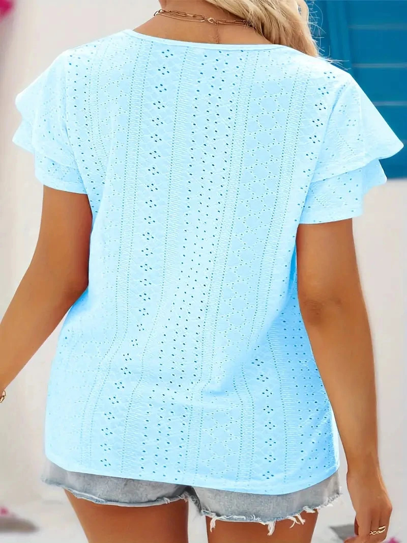 Plus size eyeliner solid tie front Tshirt casual layered decorative short sleeve top suitable for spring and summer womens plus clothing 250430Z