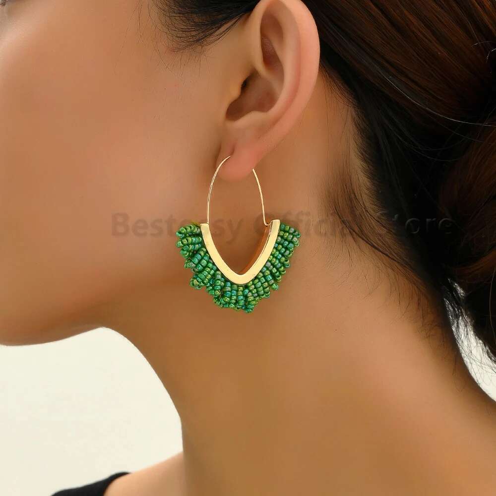 Gold Color Metal V-Shaped Big Dangle Earrings For Women 2025 Boho Design Resin Bead Pendant Wholesale Jewelry Accessories