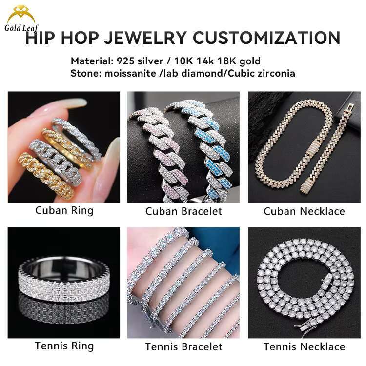 Goldleaf Custom Cuban Necklace 8mm 10mm 12mm VVS Moissanite Bracelet 925 Sterling Silver Moissanite Cuban Link Chain for Gift