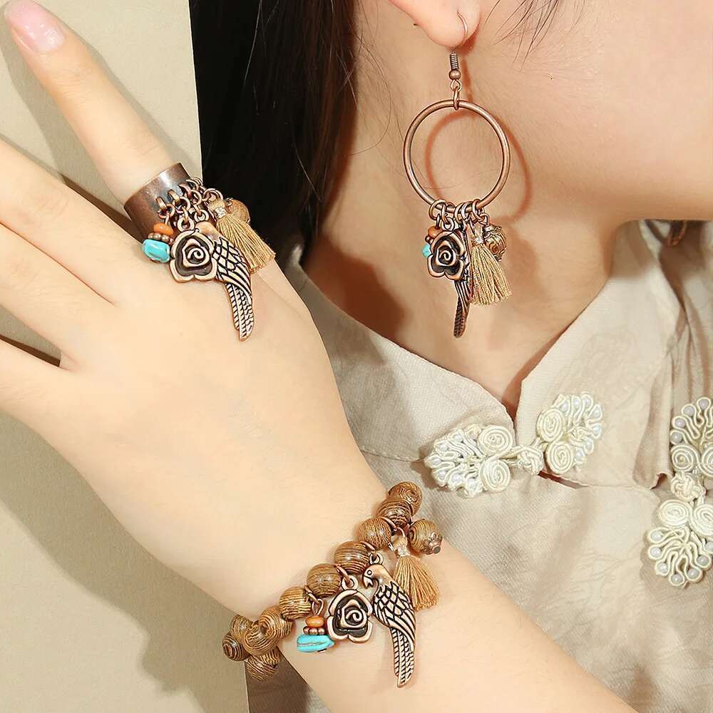 4Pcs Boho Retro Jewelry Set Coffee Brown Alloy Dangle Earrings Wooden Bracelet Open Ring Adjustable Party Decors Daily Wear