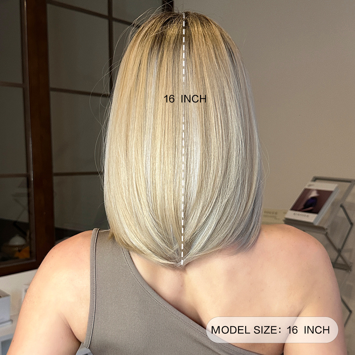 women Wig shoulder length straight hair gradient gold side split eight character bangs natural synthetic full head cover