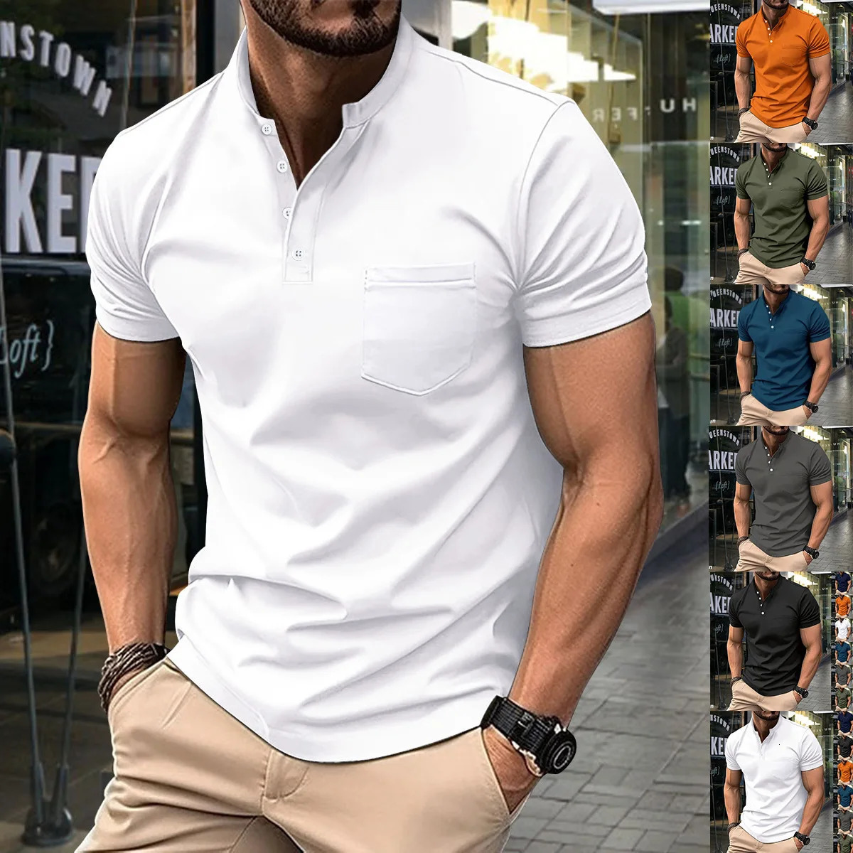 Mens casual polo shirt V-neck button up business solid color casual sports short sleeved polo shirt 250428