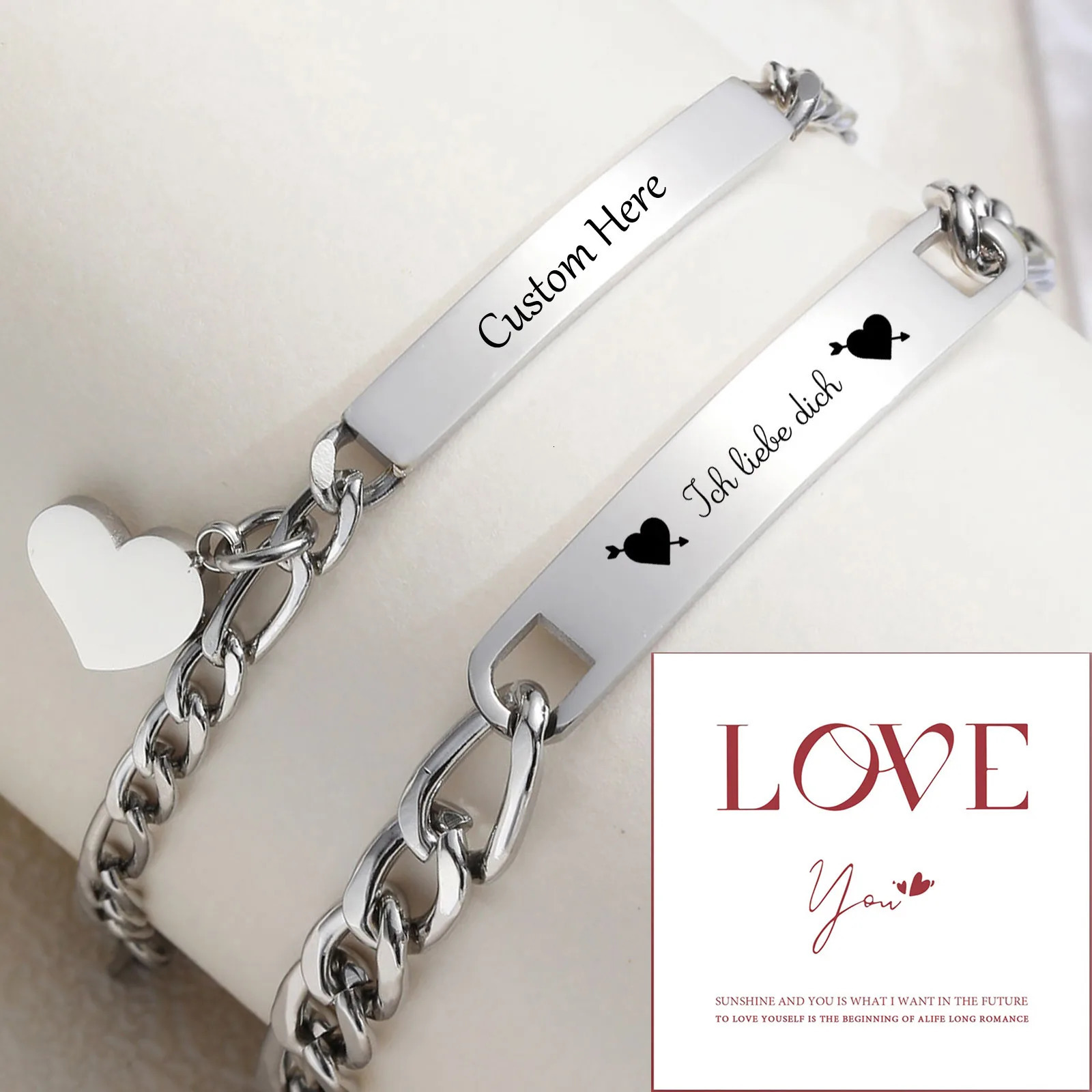 Vnox Custom Valentines Day Gift Jewelry for Couples Love Promise Bracelets for Women Men Heart Charm Figaro Chain Bracelets 250430