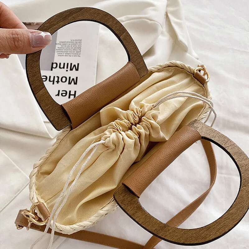 JIOMAY Straw Summer 2023 Women Tote Bags Designer Handbags Purses Weave Drawstring Closure Wooden Handle Beach Shoulder Bag