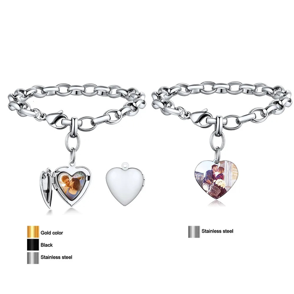 U7 Stainless Steel Custom Po Heart Locket Bracelet for Women 7mm Box Chain Adjustable Personalized Unisex BFF Couple Jewelry 250430