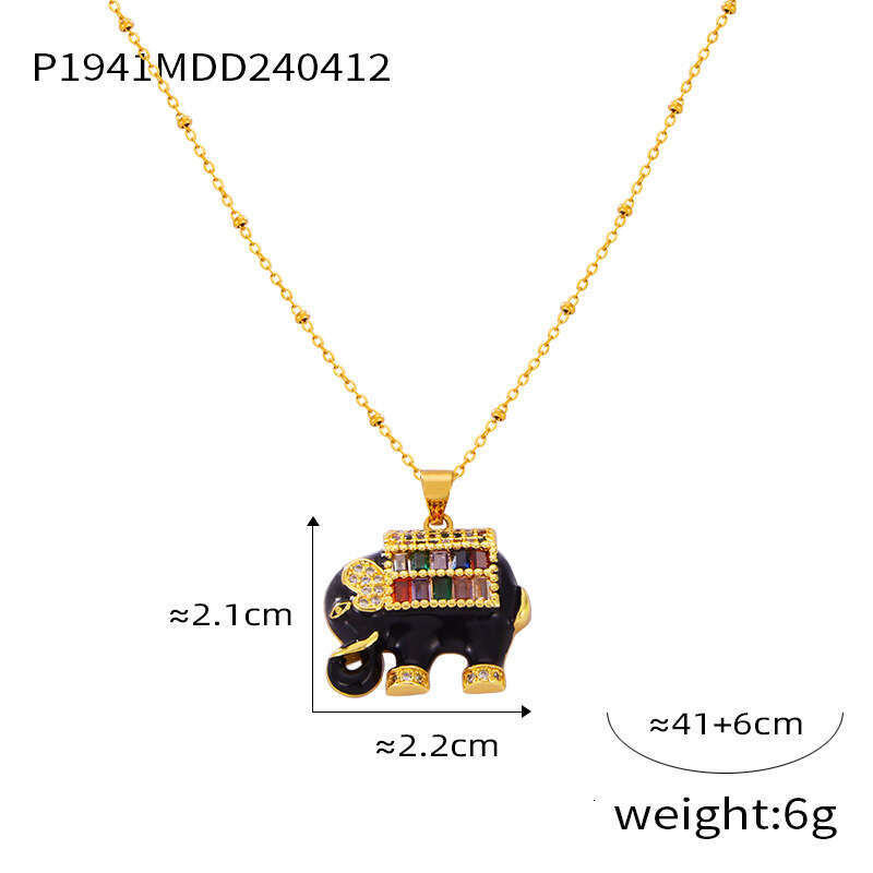 Ins Style Personalized Bead Chain Jewelry With Drip Oil Inlaid Dia Elephant Design, Copper Material Pendant, Titanium Steel Necklace