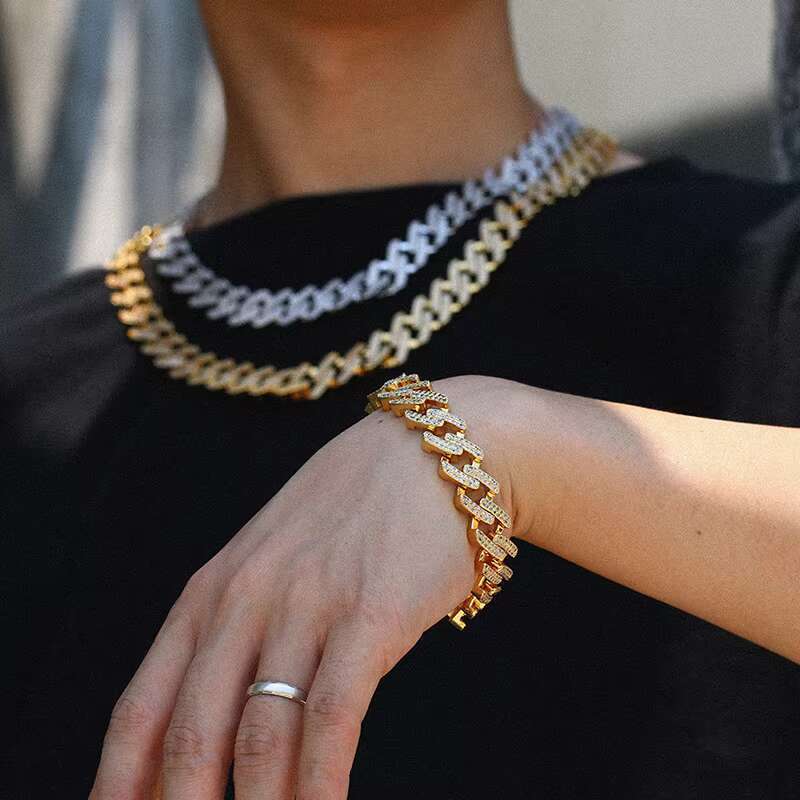 Wholesale High Quality Luxury Iced Out CZ Hip Hop Cuban Chain Necklace and Bracelet for Men and Women
