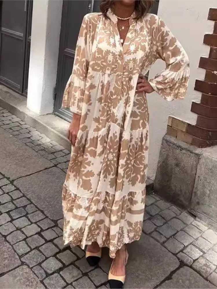 Elegant V-neck sparkling sleeves Bohemian long dress for women casual and loose autumn dress fashionable pattern printed button long party dress W2504