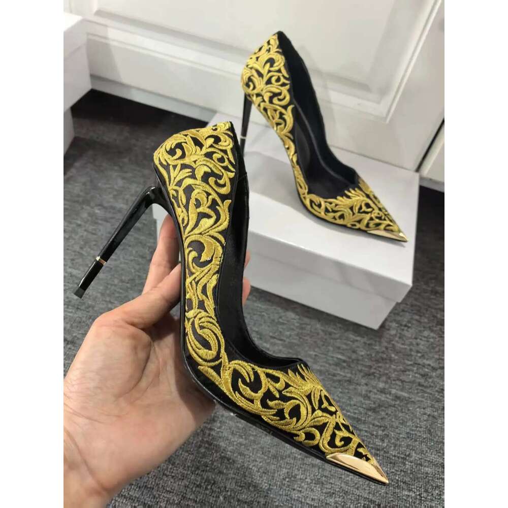 Designer Brand Embroidery Golden Pump Women Heels Metal Stiletto Black Sandals Fashion Girls Party Evening Shoes