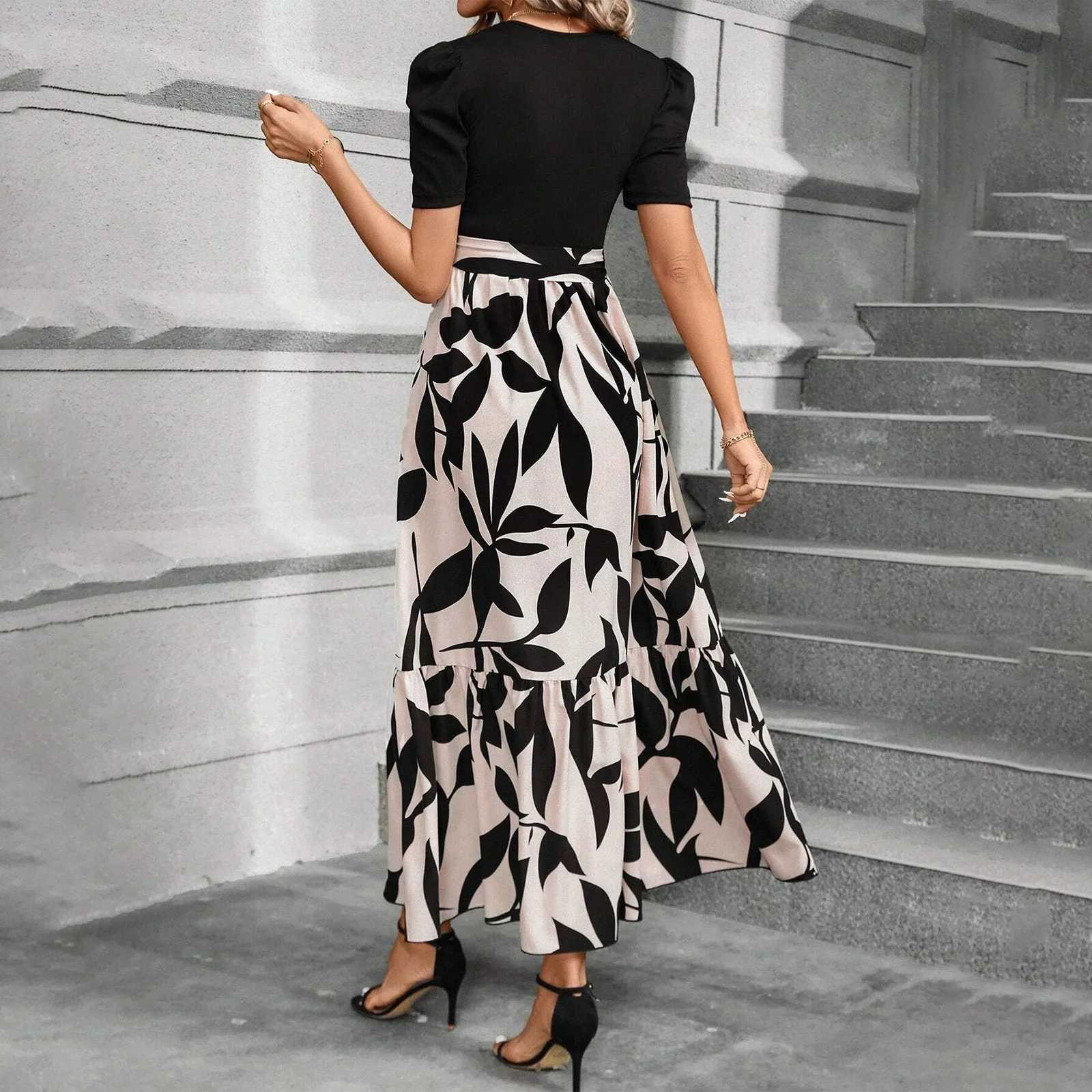 Elegant womens floral print high waisted long dress Y2k short sleeved round neck office uniform vest Para Mujer W250430
