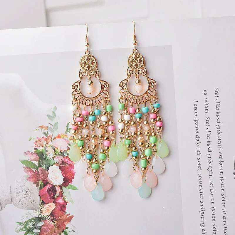 Bohemian Long Acrylic Waterdrop Tassel For Women Ethnic Multicolor Bead Drop Oil Handmade Dangle Earrings Boho Jewelry