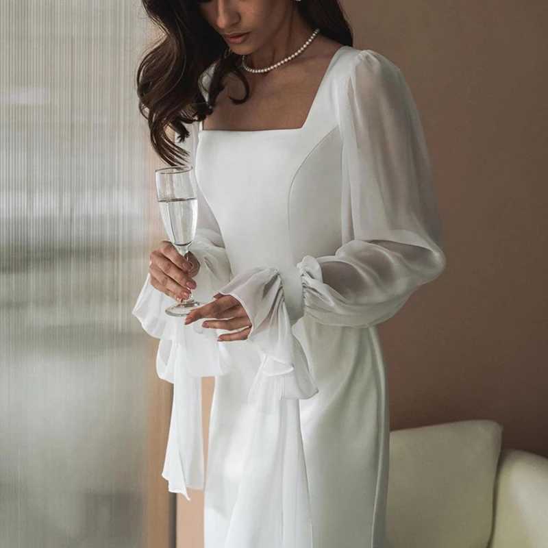 White office womens fashionable ultra-thin square neckline long sleeved ankle length dress spring womens clothing dress W250430