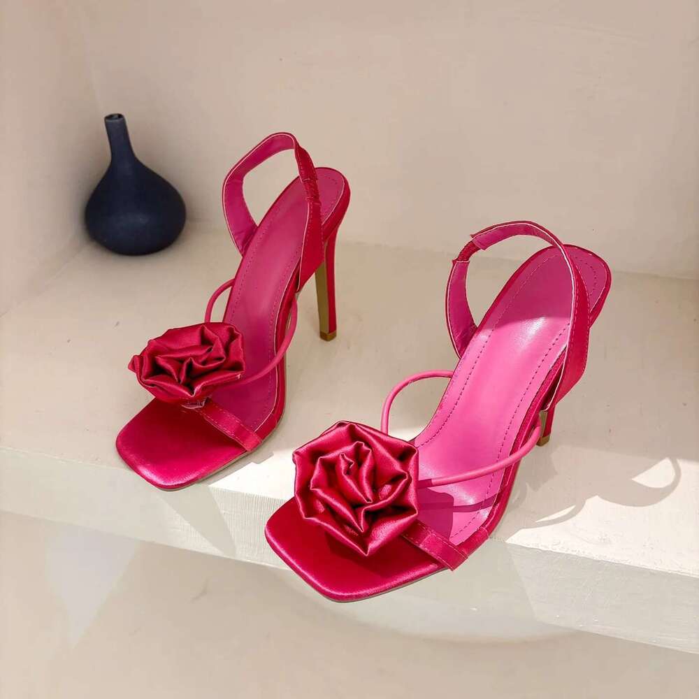 Quality Brands Sandals Fashion Open High Heel Flowers Decorate Single Square Toe Thin Strap Women's Shoes