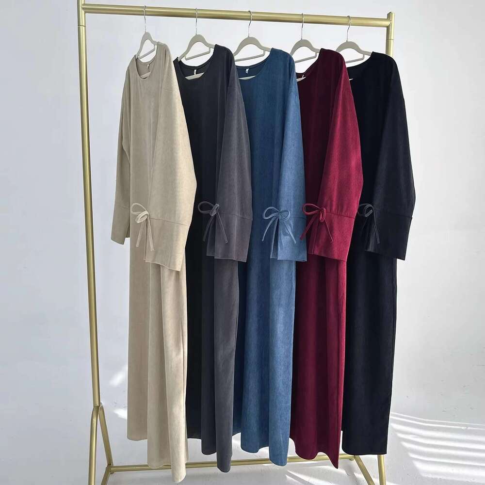 Winter Corduroy Bow Knot Sleeve Muslim Dress Modest Clothing Women Abaya Femmes Robe Musulmane Robes Prayer Clothes