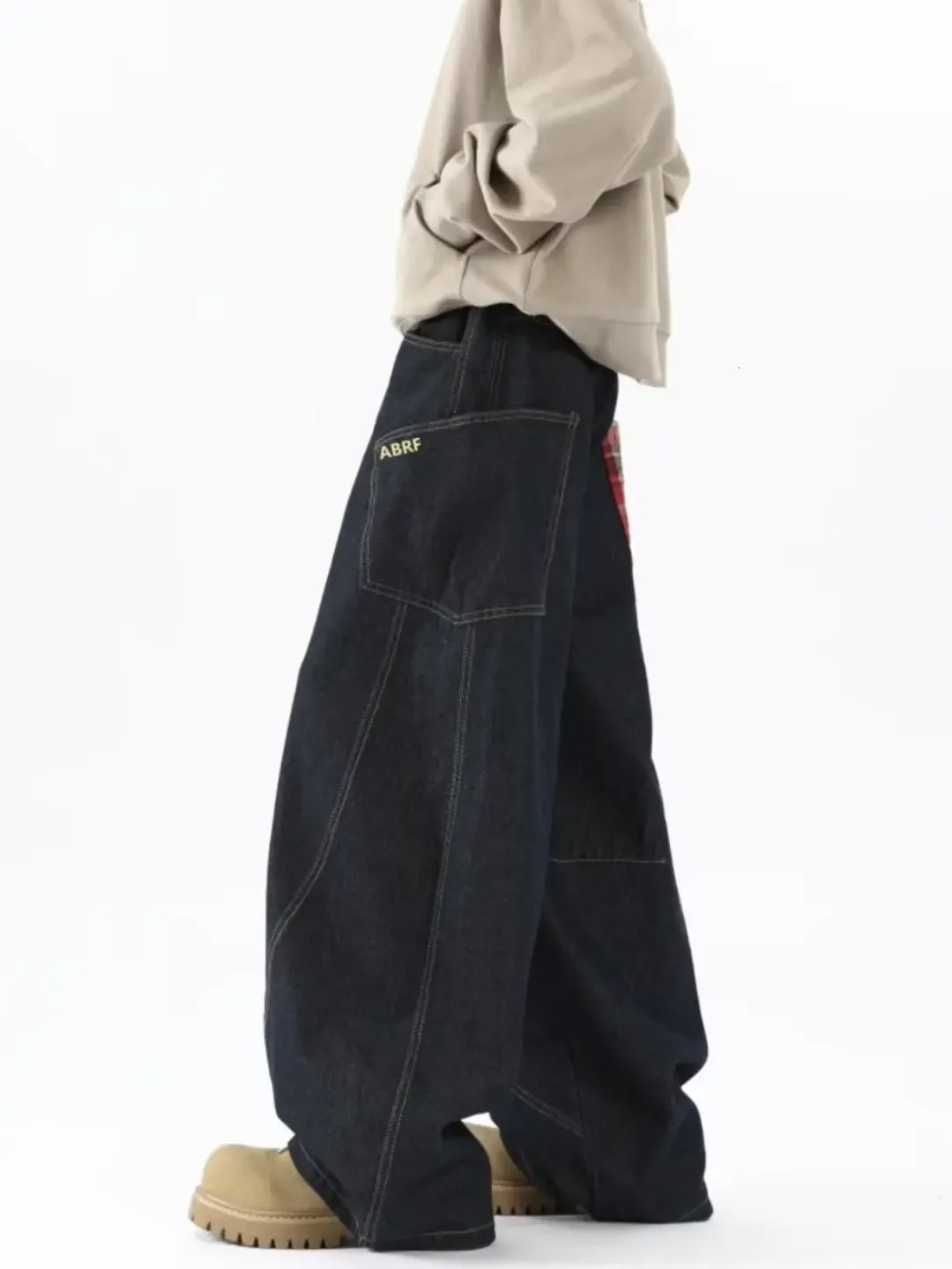 American style patchwork plain wash pants for women retro wide leg high waist pocket jeans for women hip-hop jeans for women 250423