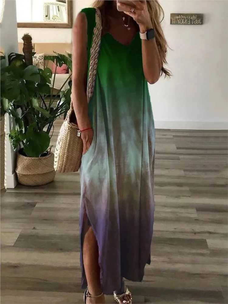 Gradient tie dye printed long sleeved womens fashionable casual V-neck loose seam vest womens summer A-line vest W250430