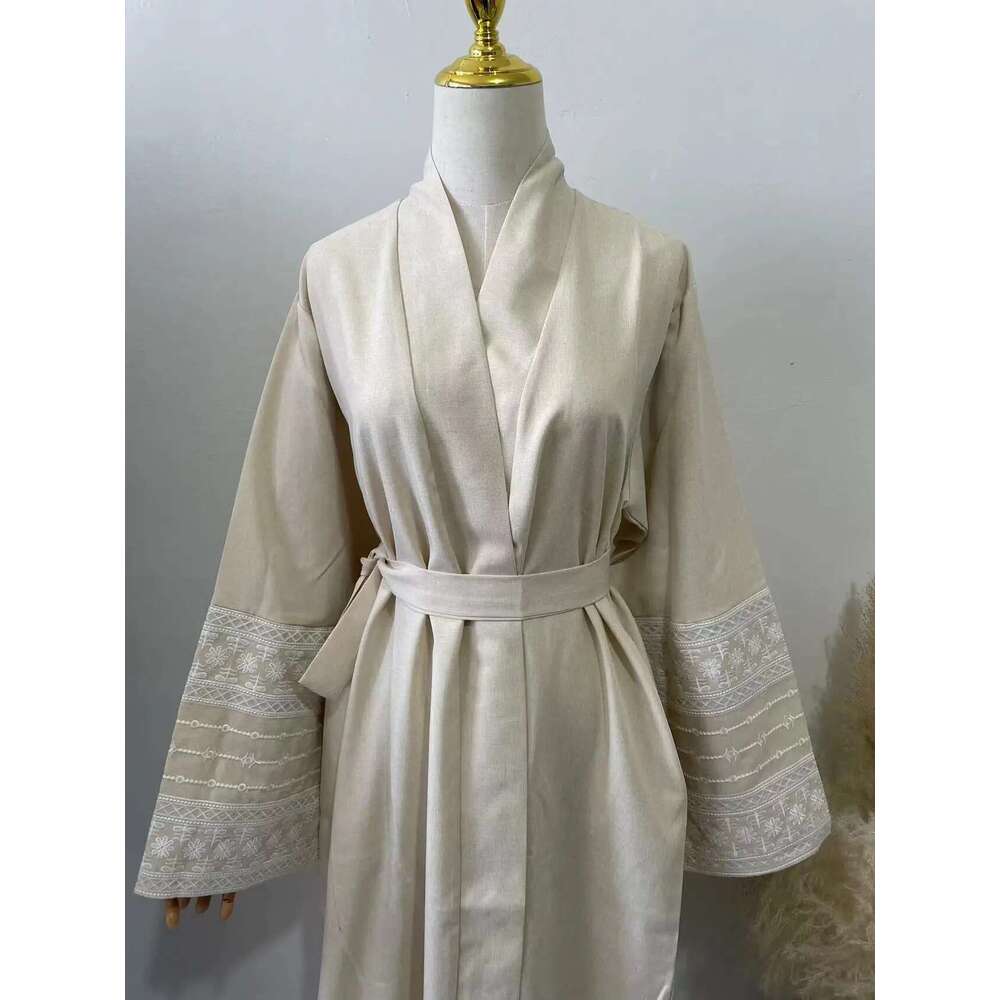 Fashion Embroidery Kimono Oversized Robe Syari Female Full Length Muslim Outerwear Worship Service Abaya With Belt Wy1946