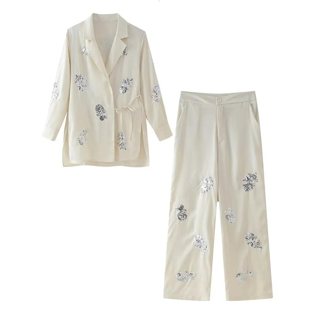 Zach Ailsa Summer Product Womens Loose Lace Set Coat Beaded Silk Texture Pants Casual 250530