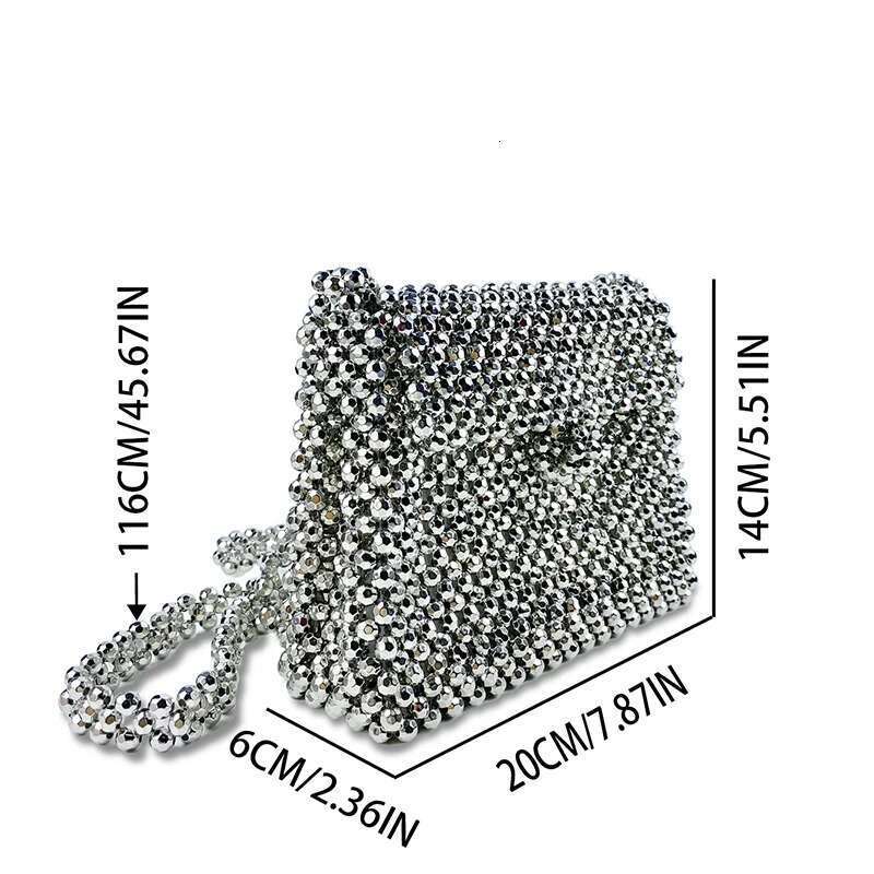 New Retro Sier Metallic Shiny And Dull Handmade Woven Beaded Pearl Flip Small Square Crossbody Bag