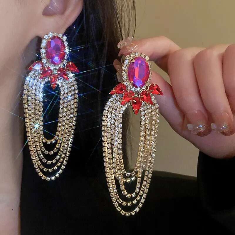 Exaggerated Full Rhinestone Drop Earrings Women Shiny Long Tassel Earings Europe And American Jewelry For Party Wedding