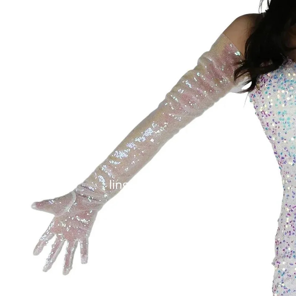 Womens Sexy Shiny Sequins Black Female Club Party Dancing Long Gloves Tulle Lace Mesh Semi Sheer SILVER Colorful Fluoroscopy 250420