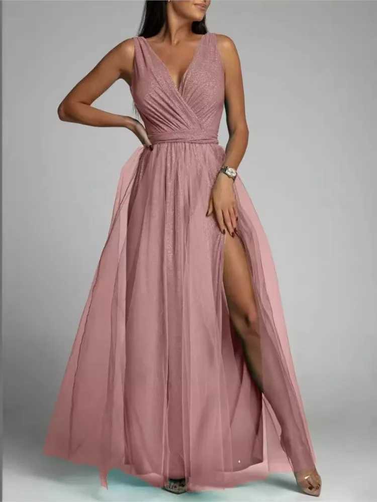 Elegant solid color sparkling party dress womens warm V-neck lace mesh seam long dress evening dress womens vest W250430