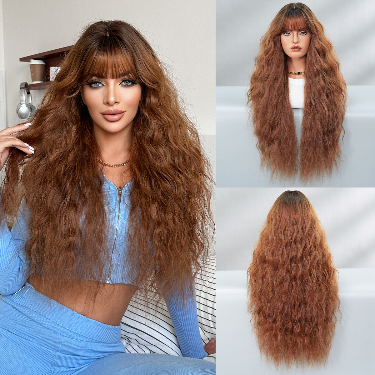 red Brown extra long wig full head set with big wavy curly hair daily fluffy rose net high-quality wig