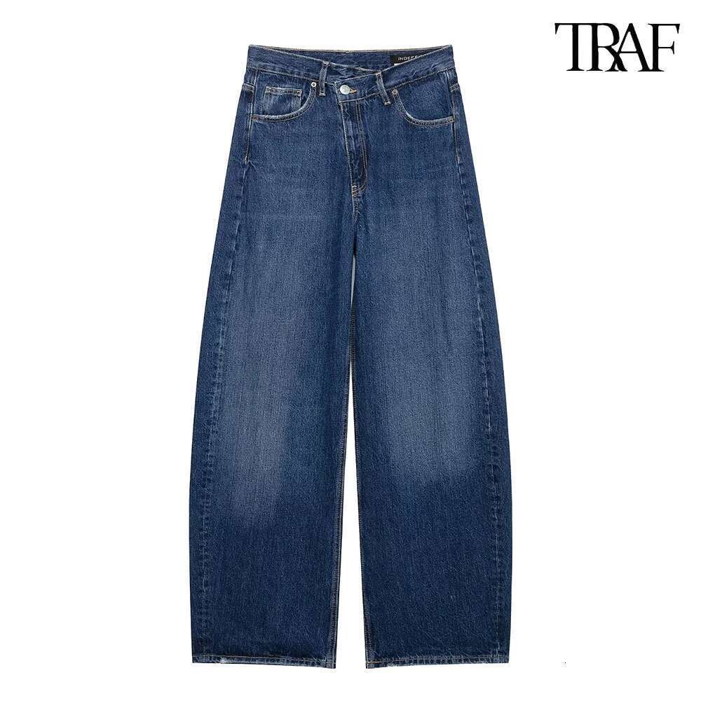 TRAF high-waisted Slim wide-legged denim casual elegant straight trousers temperament street women's clothing