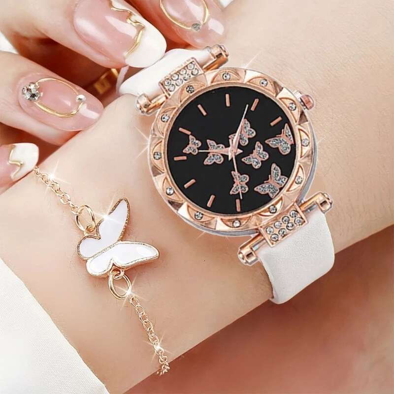Butterfly Jewelry Set (Without Box)Women Watches Female Leather Watch Rings Necklace Earrings Bracelet Wedding Gift
