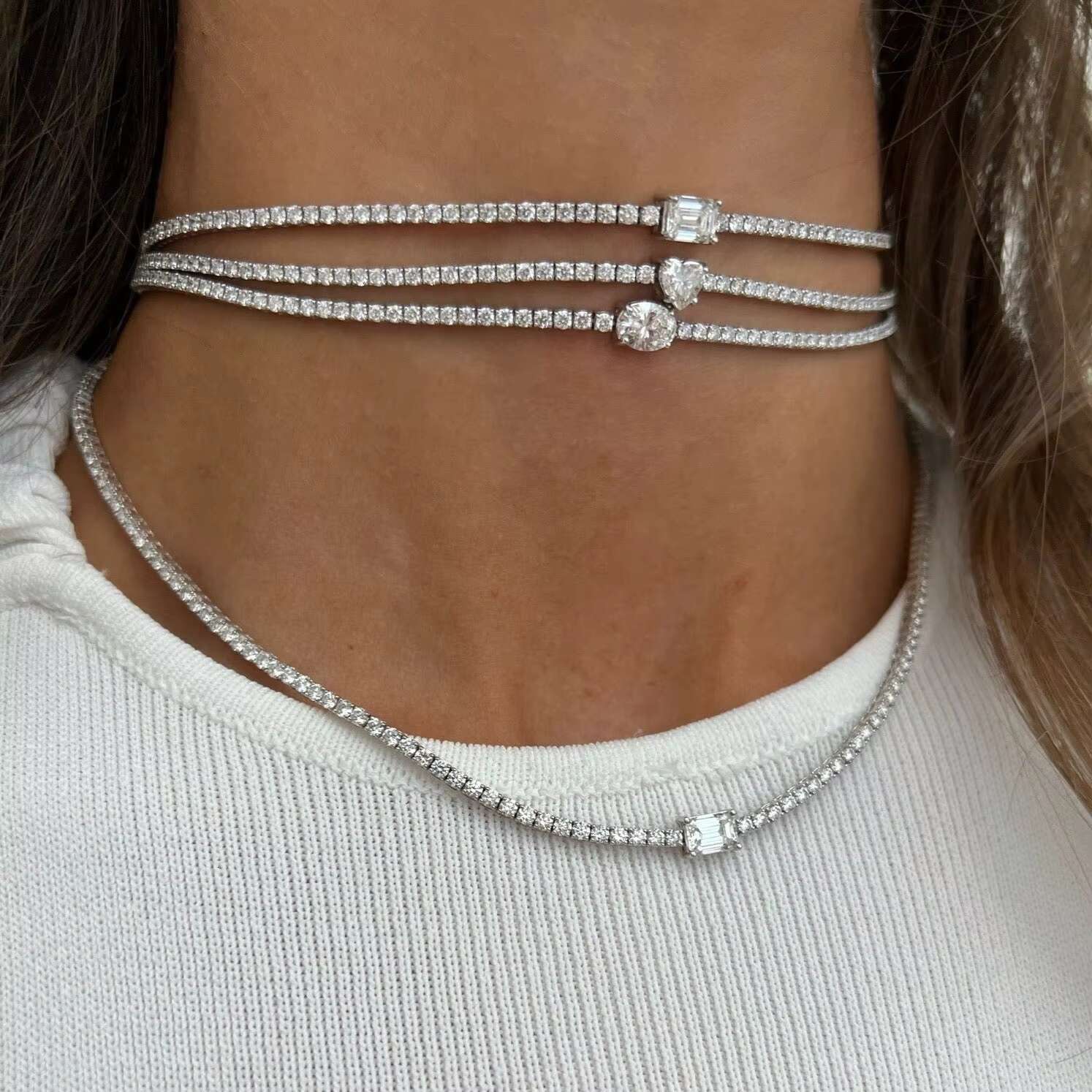 Bling Silver Plated Fashion Fine Women Jewelry Micro Pave CZ Oval Zirconia Tennis Chain Necklace