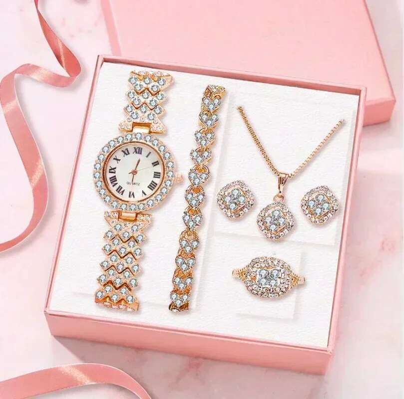 Fashion Full Crystal 5 Pcs Watch Necklace Earrings Ring For Women Rhinestone Wristwatch Female Bracelet Set Gift