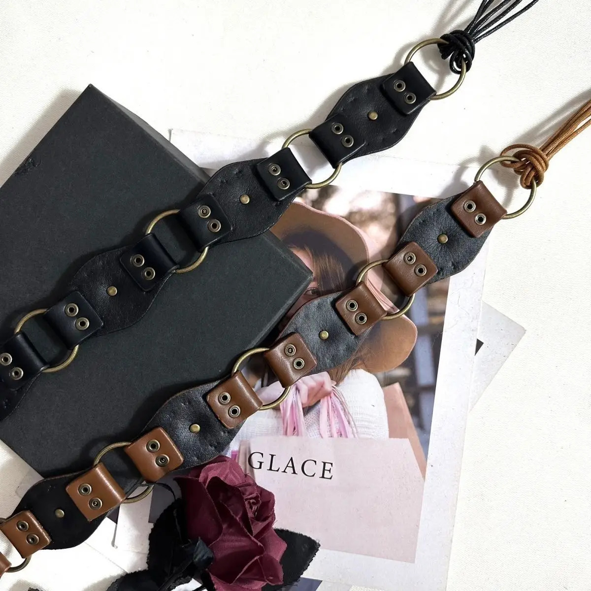 American Retro Black Rivet Metal Buckle Belt Womens Spliced Belt Millennial Spicy Girl Y2k Sense Strap Waist Rope 250430