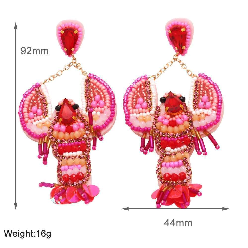 FLOLA Multicolor Lobster Raffia Beads Big Drop For Women Red Crystal Handmade Beaded Earrings Bohemian Jewelry Ersv63